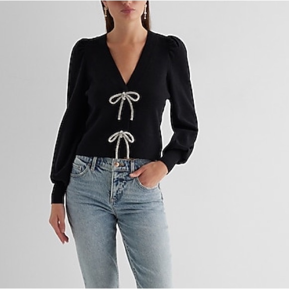 Express -viral ✨Holidays✨black embellished rhinestone bow front sweater cardigan - Picture 14 of 14